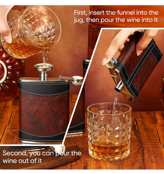 8oz eccentric leather hip flask w/funnel