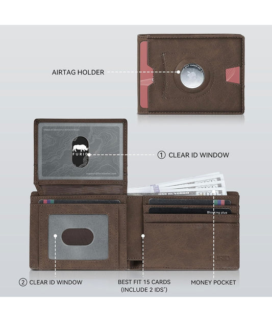 Apple Air Tag Wallet Men: Wallet with Airtag Holder - Airtag Wallet for Men Slim Minimalist 2 ID Window RFID Leather Wallet (Air Tag not included)